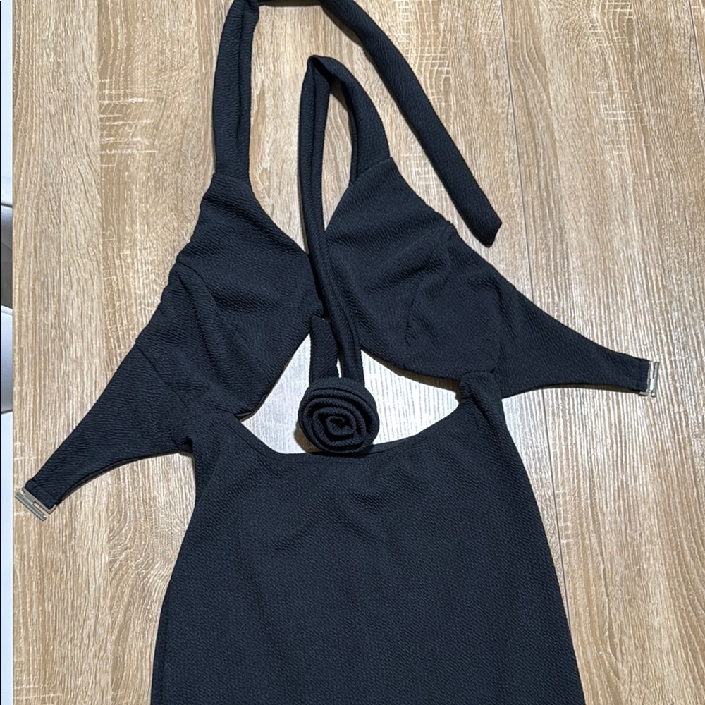 Black Halter Dress with Rose Detail
